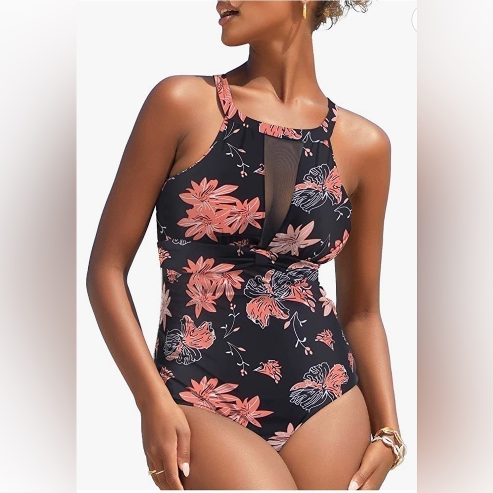 Women’s One Piece Mesh V Neck Tummy Control Swimsuit  - XL